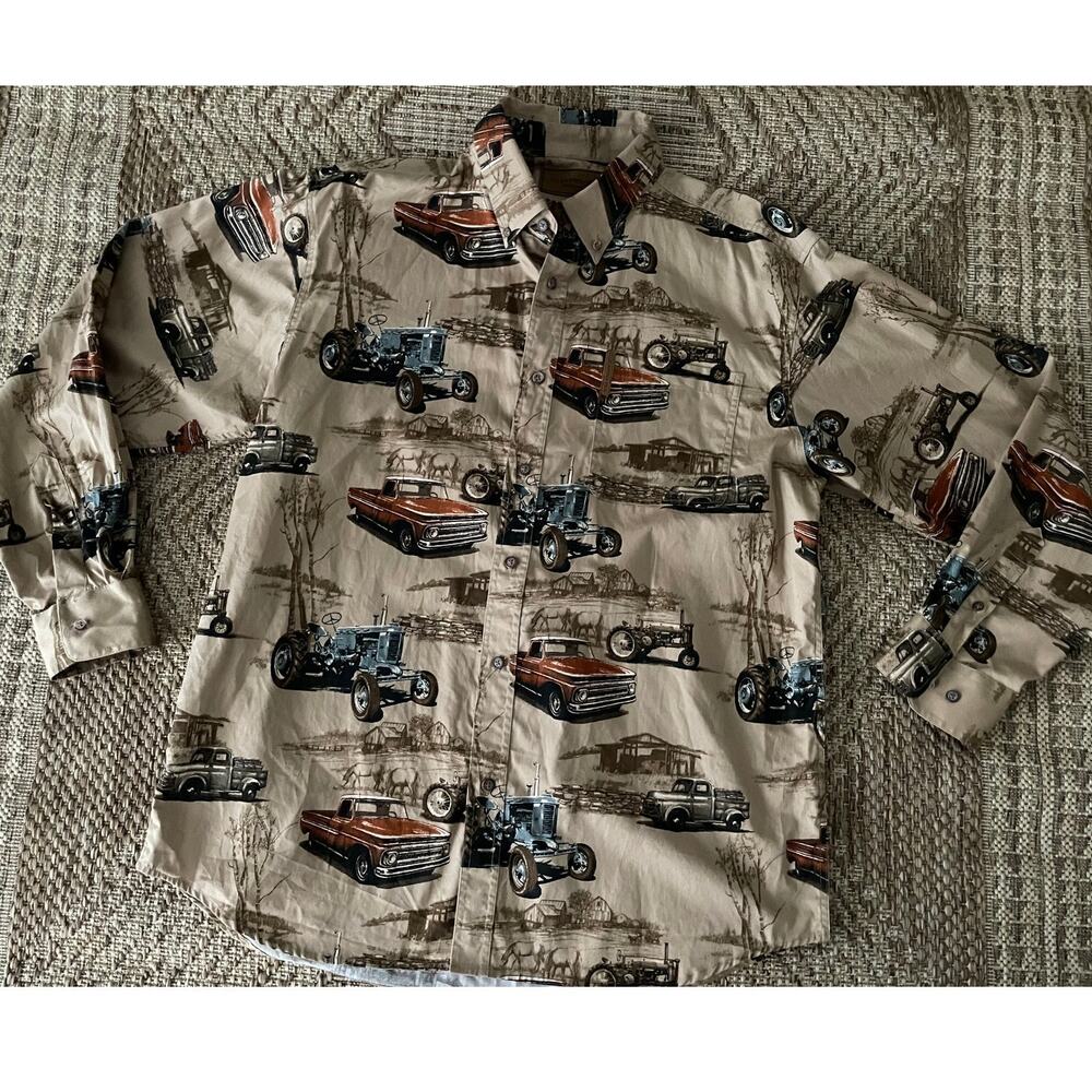 Clear Water Outfitters trucks and tractors print 100% Cotton button up SZ L